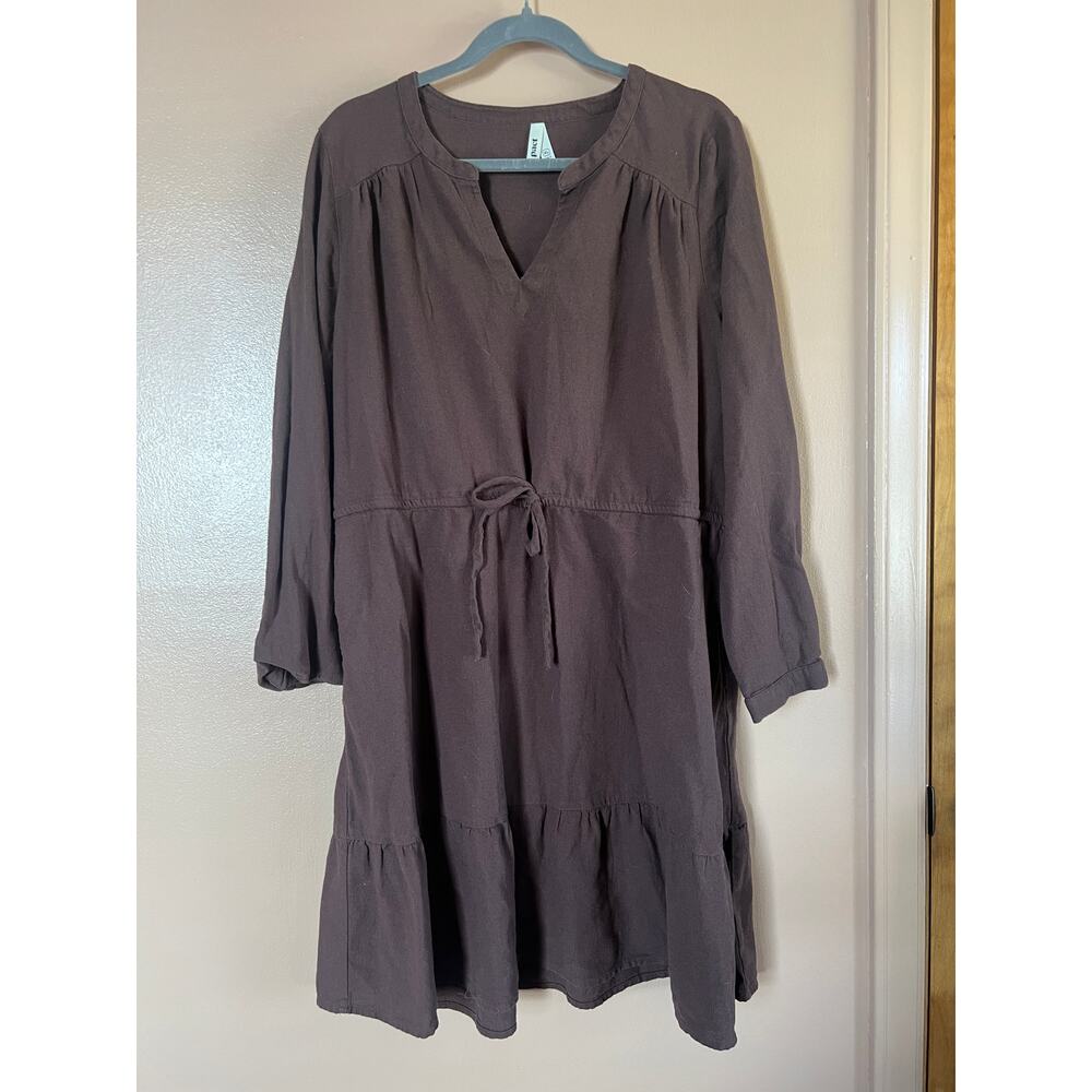 Pact Organic Cotton Tiered V-Neck Drawstring Waist Midi Dress Brown Womens XL
